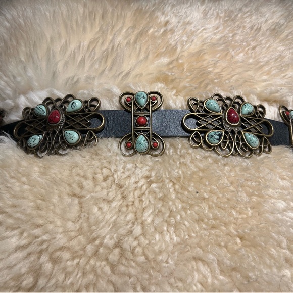 black leather western concho belt faux coral and turquoise stones scroll design - Picture 10 of 17